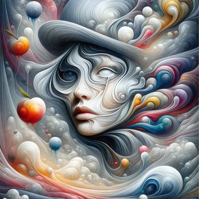The primary subject of the image is a woman with a hat, who is surrounded by a variety of colorful objects. The setting is a cloudy sky, and the visual style is a combination of digital art and illustration. The colors and mood of the image are vibrant and lively, with a focus on the woman's face and the surrounding objects.